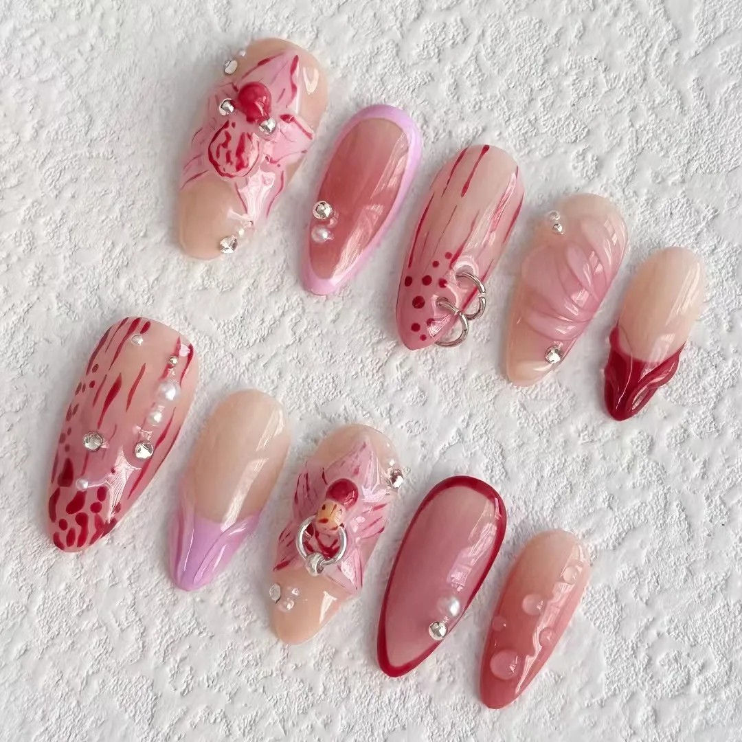 2025 New Personalized Buckle Inlaid Manicure Handmade Red Gradual Change Advanced Manicure Fake Nail Press on Nails Women Wear