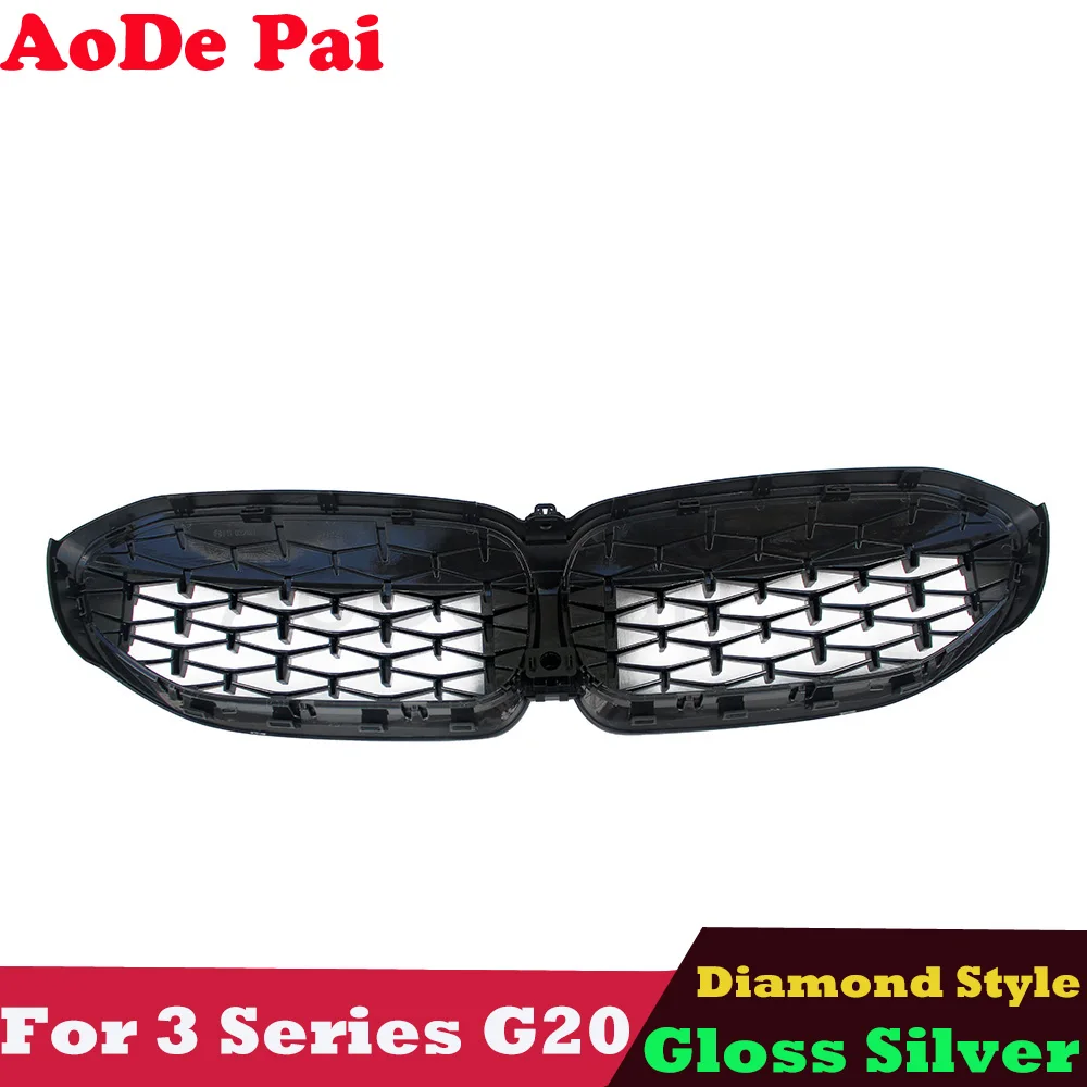 Black Frame Silver Dots Diamond Style Front Bumper Grille for BMW 3 Series G20 G21 2019-2022