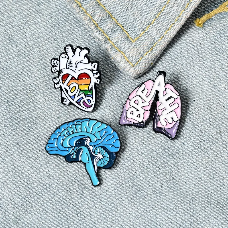Broches con forma de corazón de arcoíris y cerebro azul de órgano, insignias, alfileres de esmalte duro, mochila, bolso, sombrero, chaquetas de cuero, accesorio de moda Sup