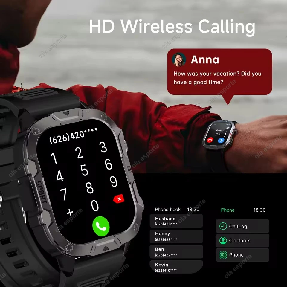 남자 스마트 시계 블루투스 통화 수면 심박수 건강 모니터 야외 LED 손전등 안드로이드 IOS에 대한 방수 스포츠 시계