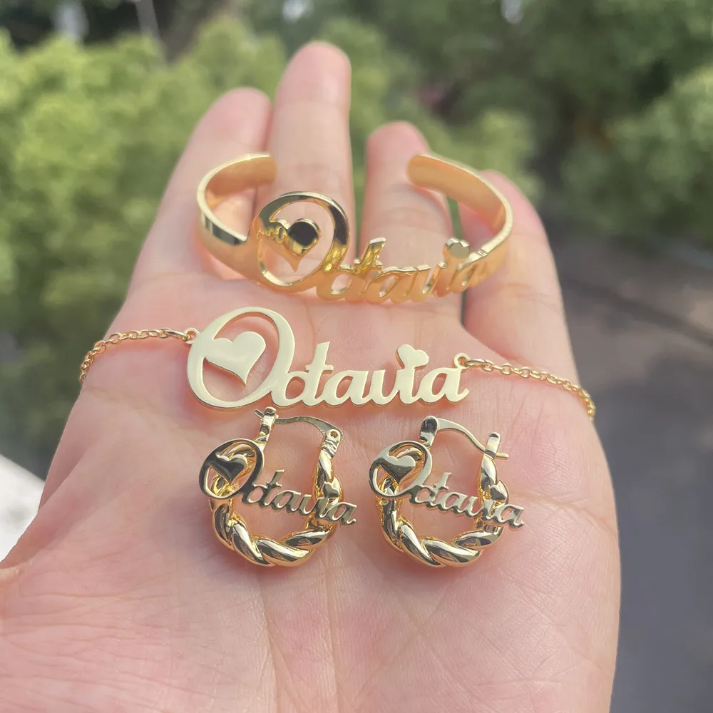 Lulu's Children Custom Name Jewelry Set Personalized Nameplate Pendant Stainless Steel 18mm Hoop Earrings Necklace Bangle Girl