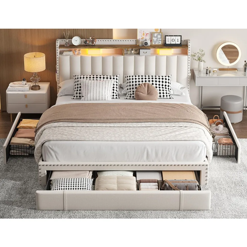 Bed Frame Queen size 2-Tier Storage Headboard,Upholstered Platform Bed Frame Queen Size with 3 Drawers,with Storage