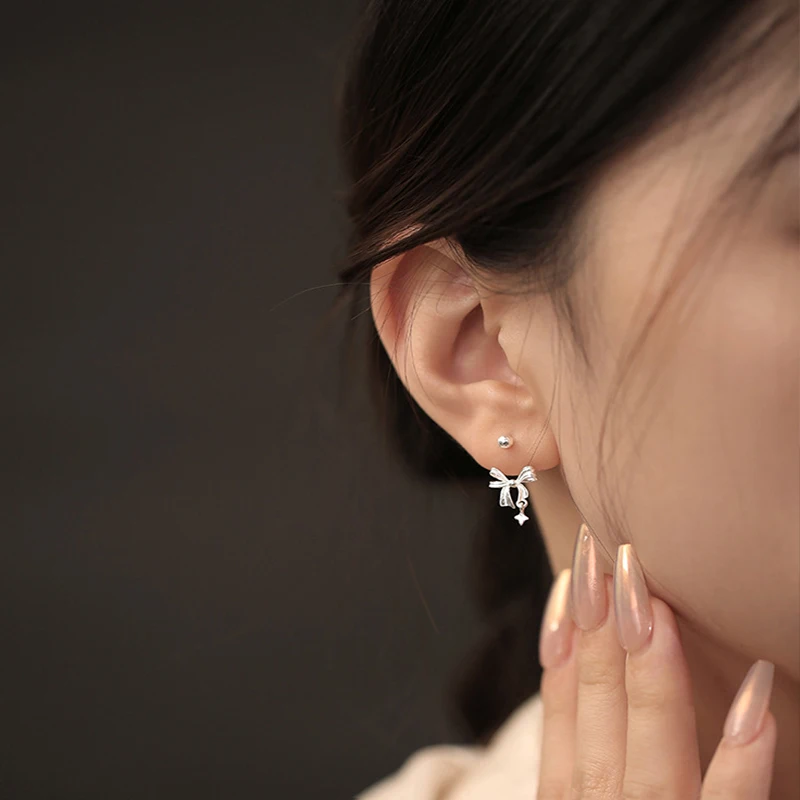 Pendientes de tuerca con forma de estrella y lazo para mujer, aretes delicados y versátiles, accesorios de joyería para fiesta de cumpleaños