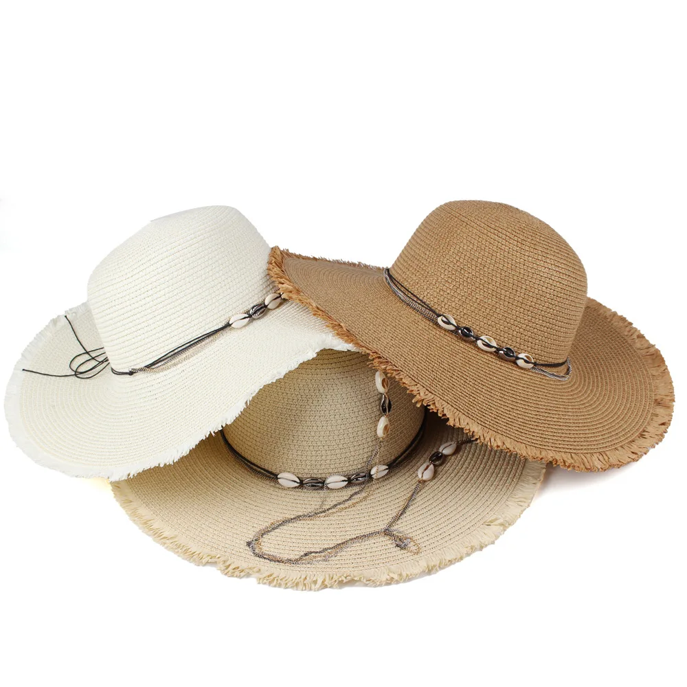 New Women's Spring/summer Wide-brimmed Round-top Straw Hat With Shell Chin Strap Two-piece Set For Beach Vacation Sun Protection