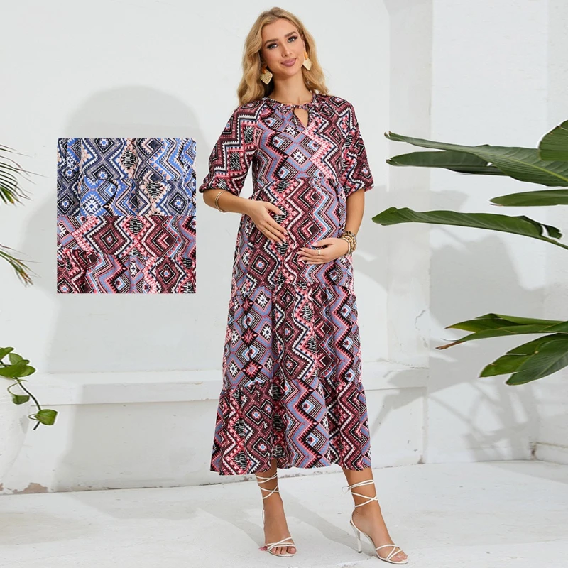 Spring and Autumn Long Women's Pregnant Dress Printed Chiffon Skirt Front Collar Strap Casual Fashion Beach Skirt