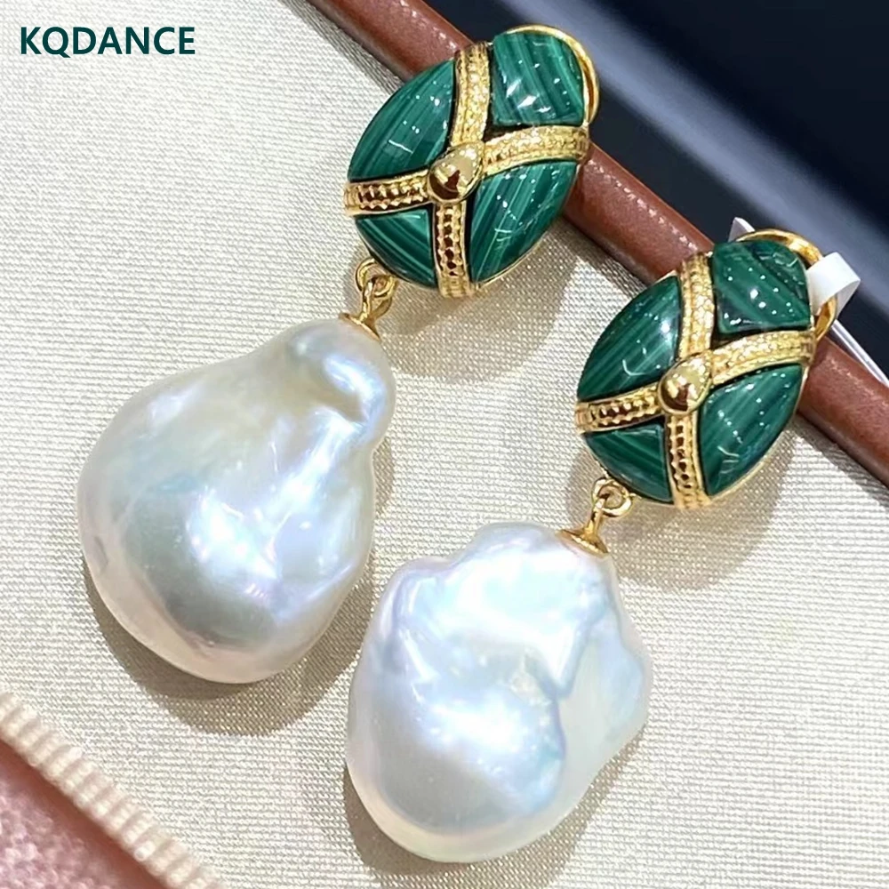 KQDANCE New Natural Freshwater Baroque Pearls Malachite Green Gemstone Drop Earrings  Solid 925 Silver Women's Fine Jewelry