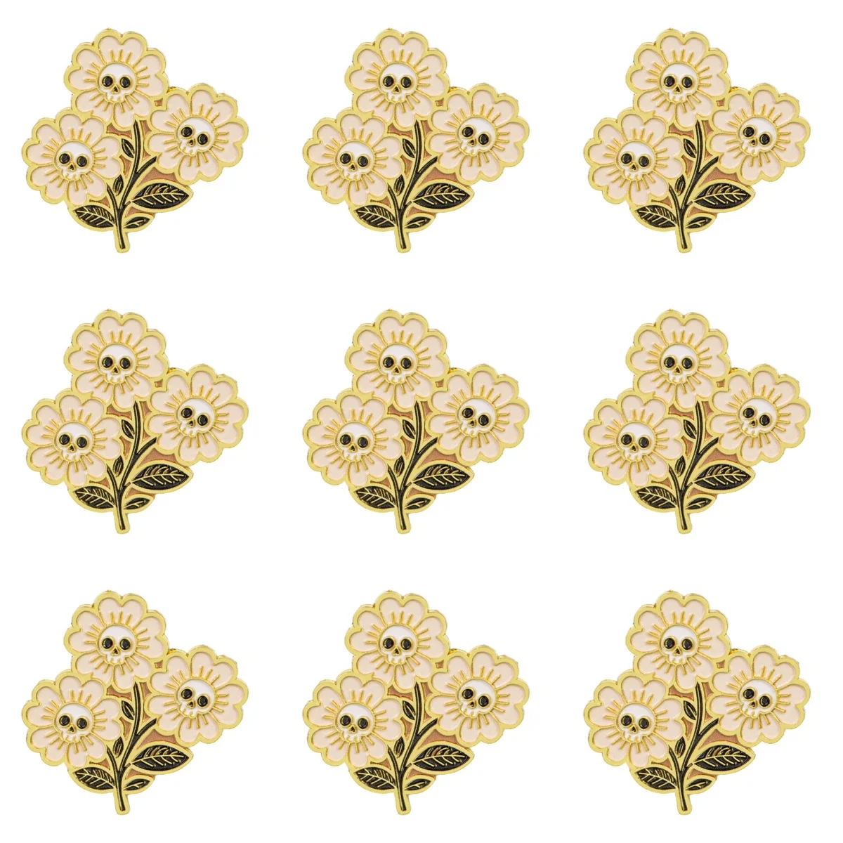 9 Stück Totenkopf-Blumenstrauß Emaille-Pin, Gothic-Skelett-Blumenbrosche, Anstecknadel für Rucksack, Jacke, Kleidung, Dekorationszubehör, Geschenk – Detail 2