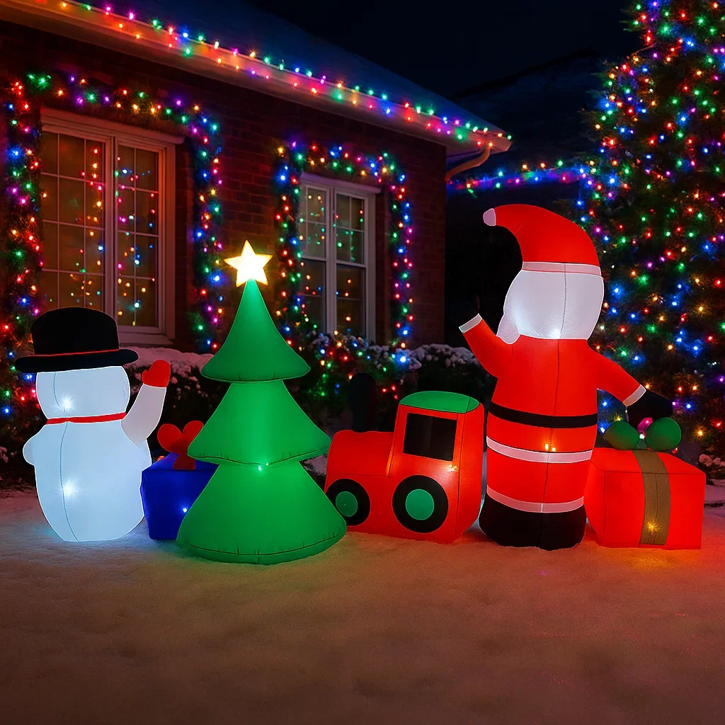2,7 M/8,8 pies inflable Santa Claus muñeco de nieve tren luces de regalo LED decoración del hogar juguetes patio adornos de Navidad decoración de iluminación de vacaciones