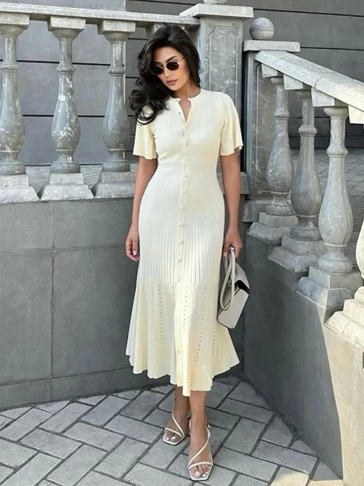 Elegant Pleated Hem Street Fashion O Neck Bell Sleeve Slim Knit Midi Dress 2024 Women Summer Beach Swimsuit Cover Up Tunic A3055