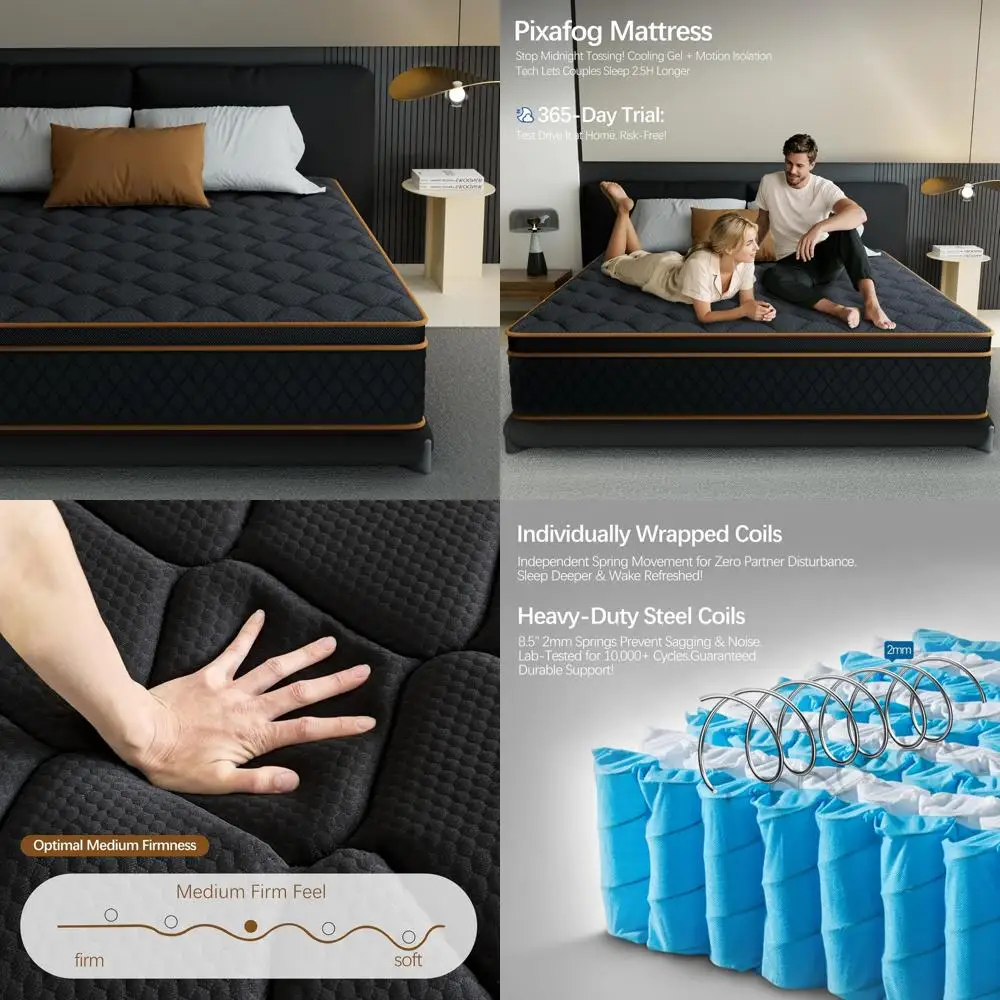 Hybrid Firm Mattress 10 Inch with Pocketed Coils and Cooling Gel Foam for Orthopedic Support and Back Pain Relief