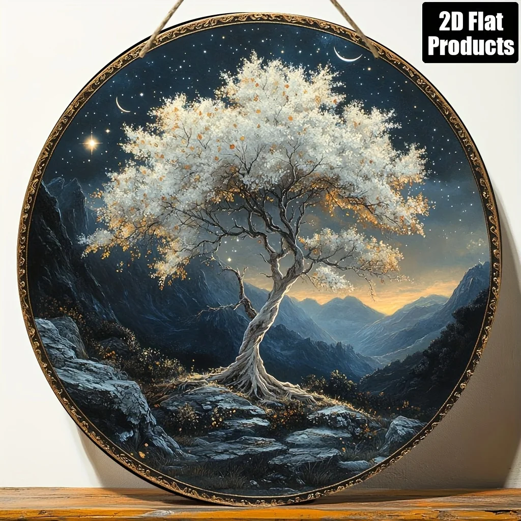 2D Flat, Round Wooden Plaque Decorative Sign, Tree of Life Mandala Theme, Suitable for Bar Kitchen Cafe Home Room Office Decorat