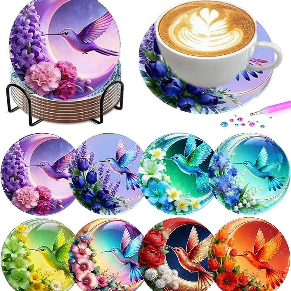 8 Pieces/Set of Diamond Art Painting Coasters with Brackets, DIY Bird Series Patterned Diamond Art Coasters