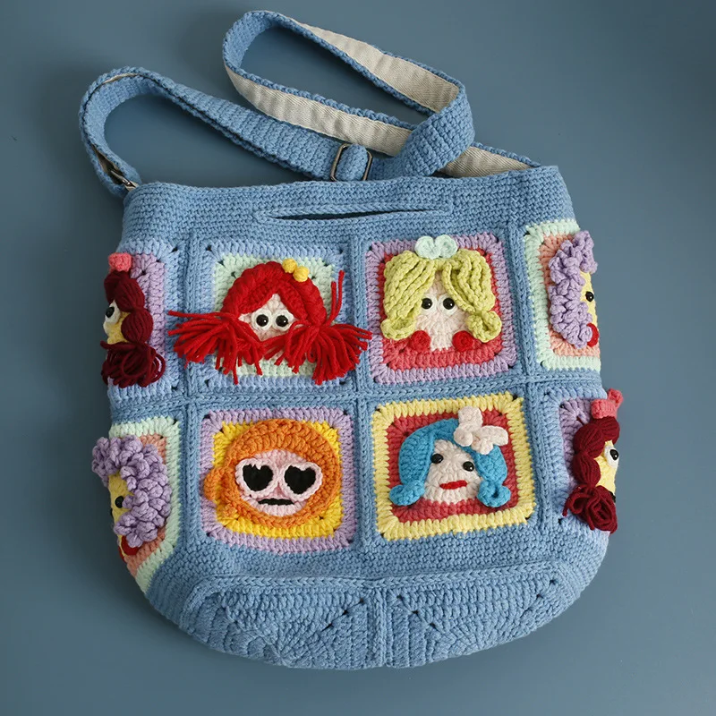 Handmade Crochet Granny Square Crossbody Bag, 3D Cartoon Girl Faces Knitted Shoulder Tote Bag for Women