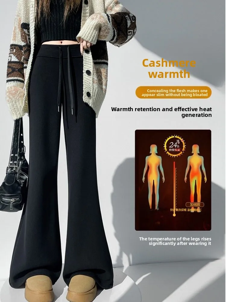 بنطلون واسع الساق مبطن بالصوف الأسيتات الأبيض للنساء، بنطلون خريف وشتاء بخصر عالٍ وتصميم غير متماثل، سروال كاجوال