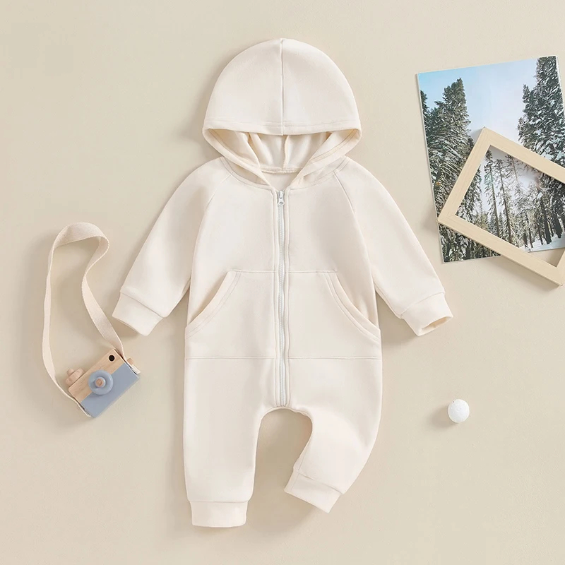 2023-10-04 Lioraitiin 0-18M Newborn Baby Boy Infant Romper Boho Long Sleeve Hooded Jumpsuit Outfits Solid Color Warm Sweatshirts