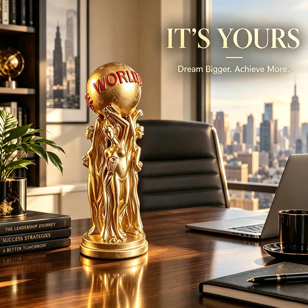 Goldene Frau mit Globus Statue, Harz-Skulptur für Erfolg, Moderne Schreibtischdekoration, Inspirierendes Geschenk für die Heimdekoration
