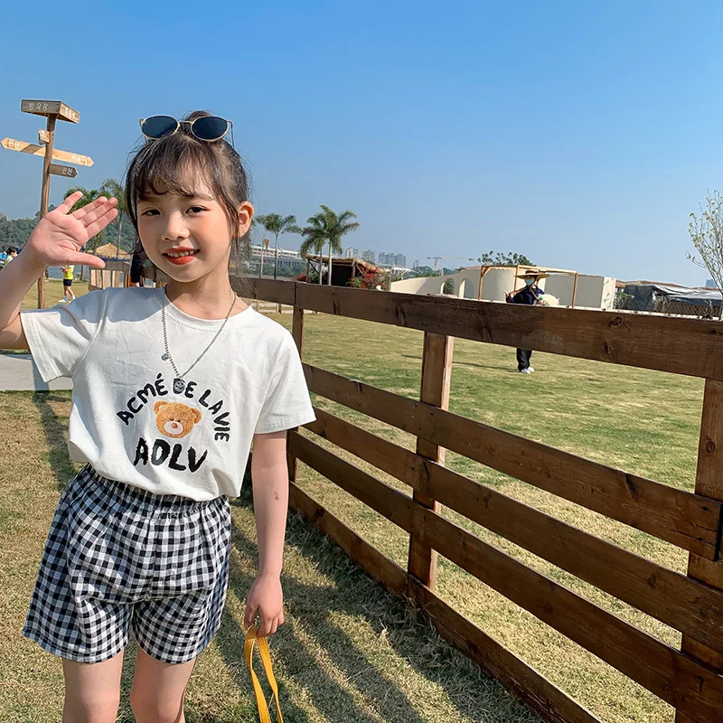 XTY-2024South Korea Children's Clothing Summer Short-Sleeved Boy Girls' Short Sleeve Pullovers PrintingTT-shirt Plaid Shorts Sui