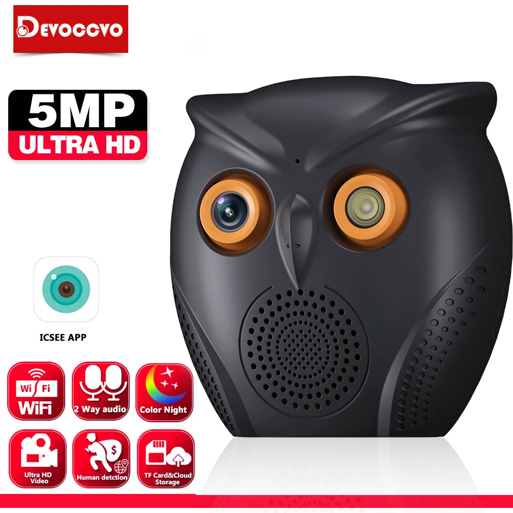 ICSEE 5MP Wifi Security Camera Indoor Two Way Audio Owl Shape CCTV Surveillance Camera Color Night Vision Baby Monitor Camera