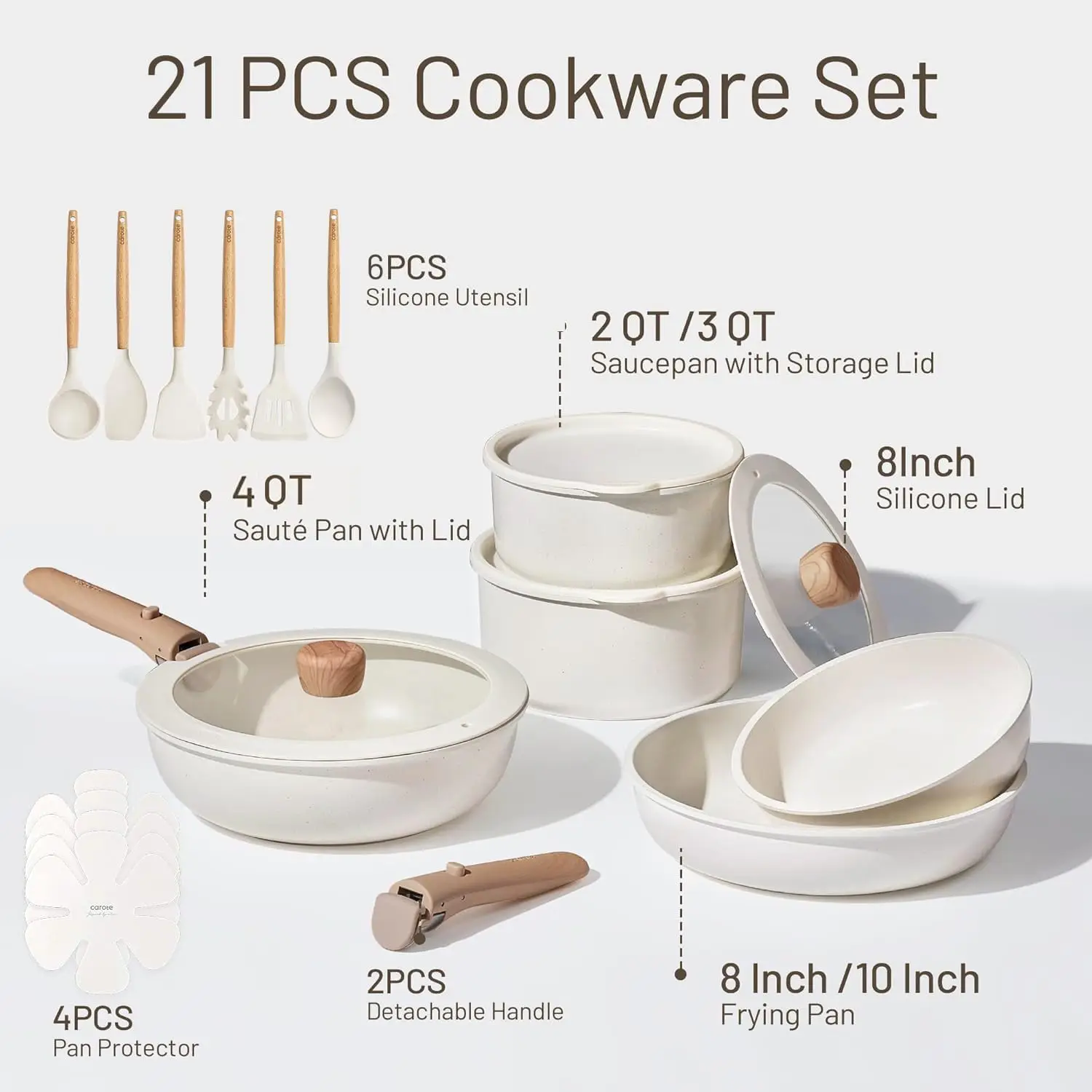 21Pcs Cookware Set Nonstick Pots Pans Detachable Handle Induction Compatible Dishwasher Oven Safe Space Saving Camping Cooking K