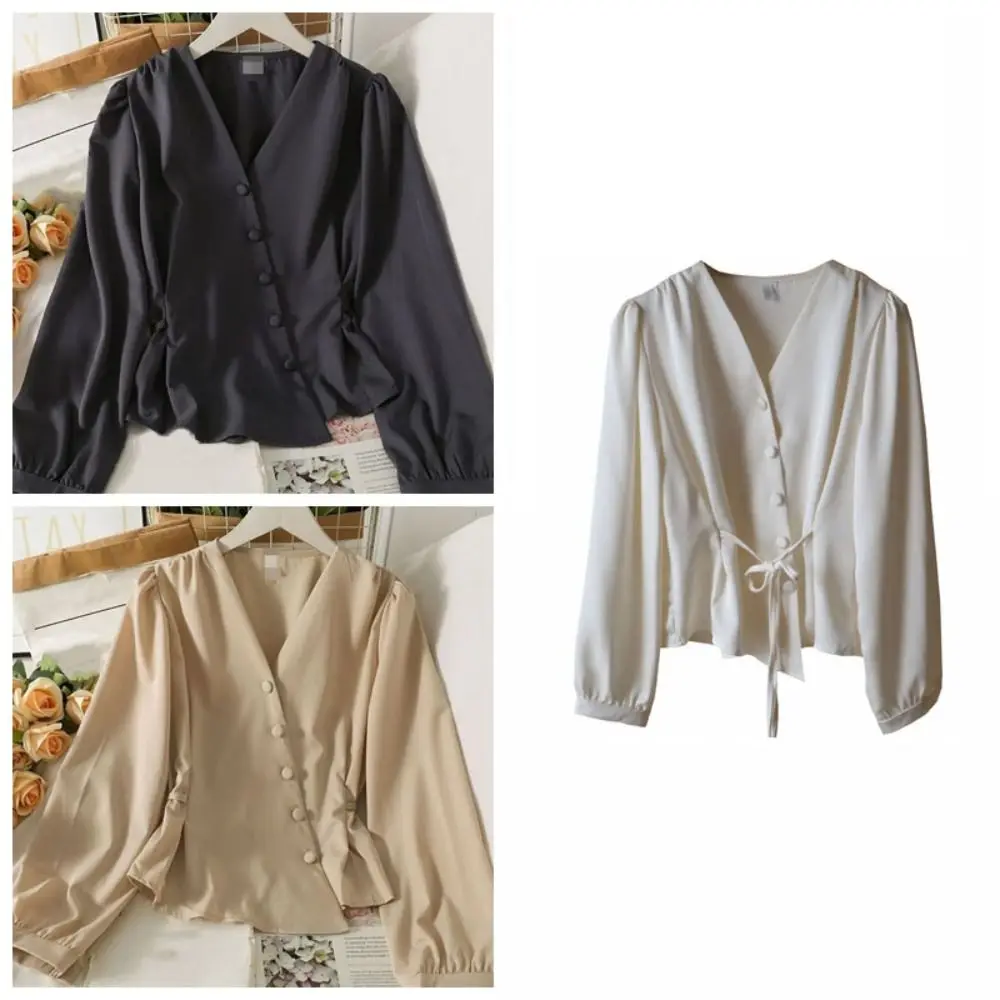 Camicie a maniche lunghe con scollo a V chic Camicia a maniche lunghe slim fit con maniche a sbuffo in vita Irregolare Autunno Primavera Ufficio Top da donna Donna