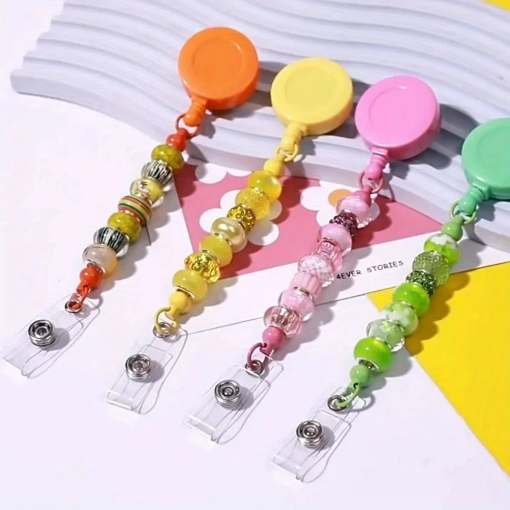 10-Piece Multicolor Diy Beaded Keychains With Retractable Badge Reel & Waist Clip - Perfect For Nurses, Teachers, And Office