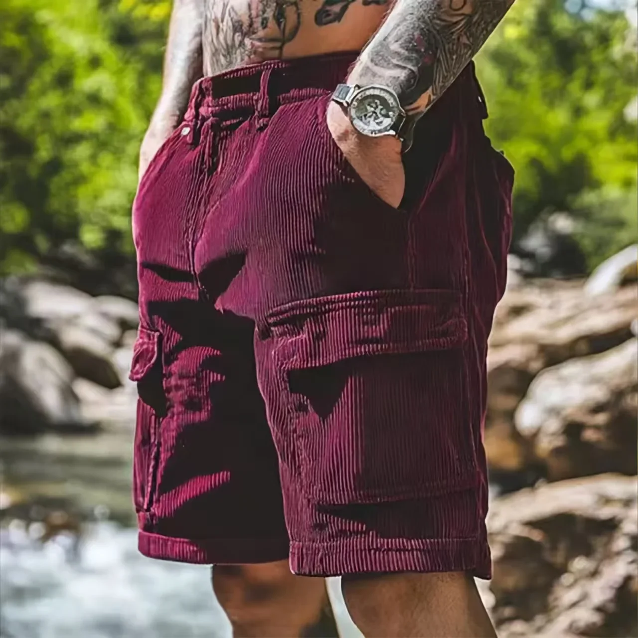 

2025 Summer Trendy Loose Straight Corduroy Shorts for Mens Casual Solid Color Cargo Pants Men Fashion Patchwork Pockets Short