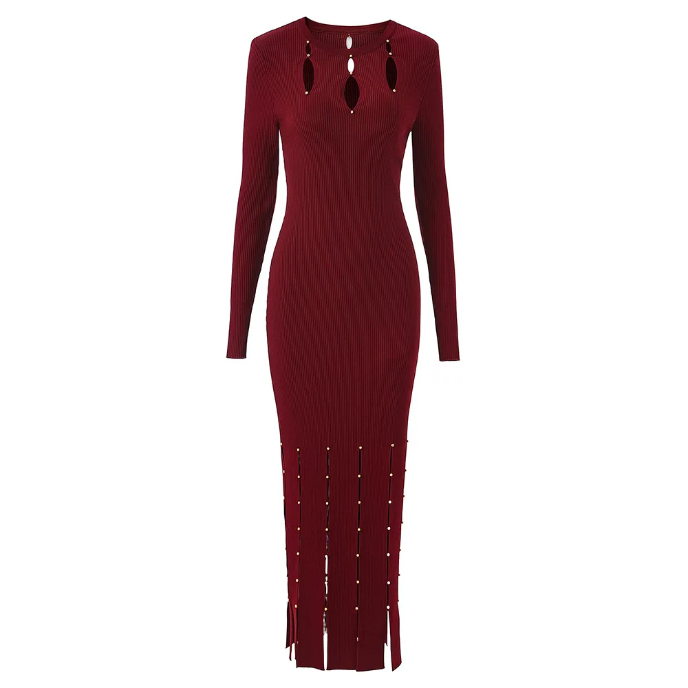 

2026 Black/Wine Red Knitting Long Women Sexy Hollow Out Beads Long Sleeves Dresses For Womens Evening Dress 52703