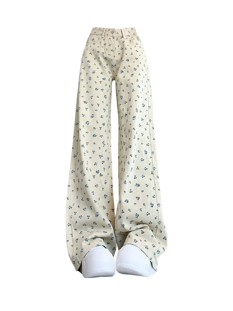 

Fashion New Design Sweet Print Wide Leg Pants Summer 2024 Loose Cozy Jeans Women High Waist Slim Trousers American Style Trend