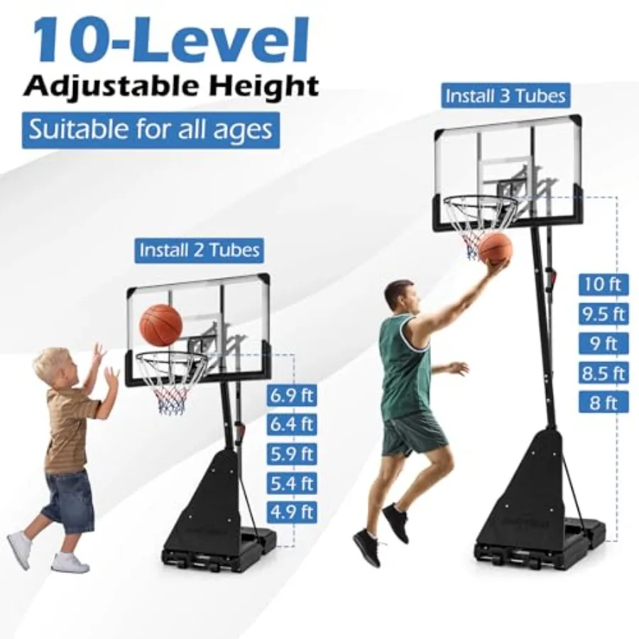 Portable basketball hoop for indoor outdoor use, polycarbonate backboard, black, height adjustable 4.9-10 ft with rebound plate view 2