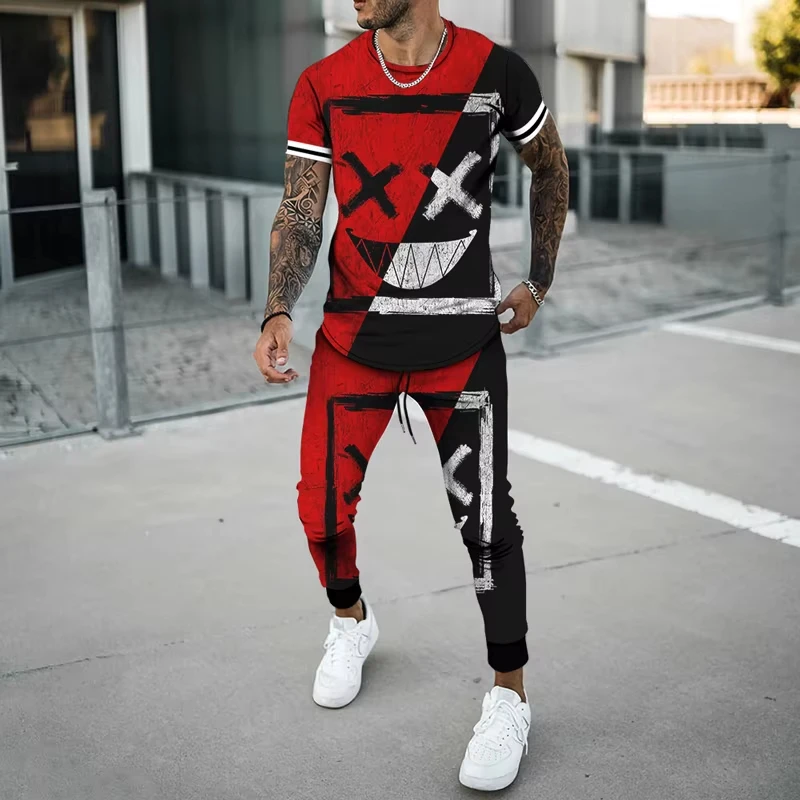 Hot Sale Summer 3D Printed Loose Men T-shirt Trousers Suit Man Casual Short Sleeve Long Pant Set Men short T-shirt Trousers Suit