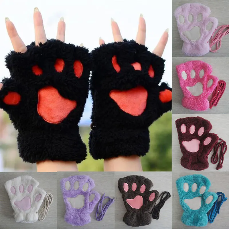 Winter Faux Fur Gloves Women Bear Plush Cat Paw Claw Gloves Fingerless Mittens Half-finger Gloves Christmas Halloween for Girls