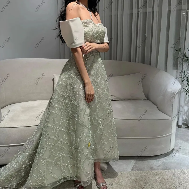 LIYYLHQ Sage Green Saudi Arabia Evening Dresses Beaded Elegant Woman Wedding Dubai Midi Formal Prom Party Gowns Customized