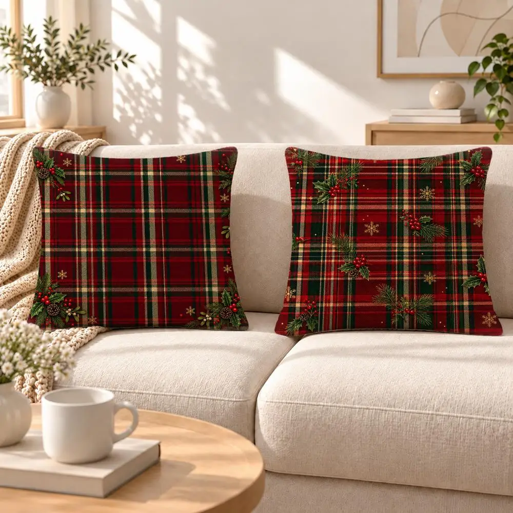 Holiday Christmas Plaid Holly Pattern Cushion Cover Soft Short‑Plush Pillowcase, Sofa Bedroom Home Decor, Holiday Gift