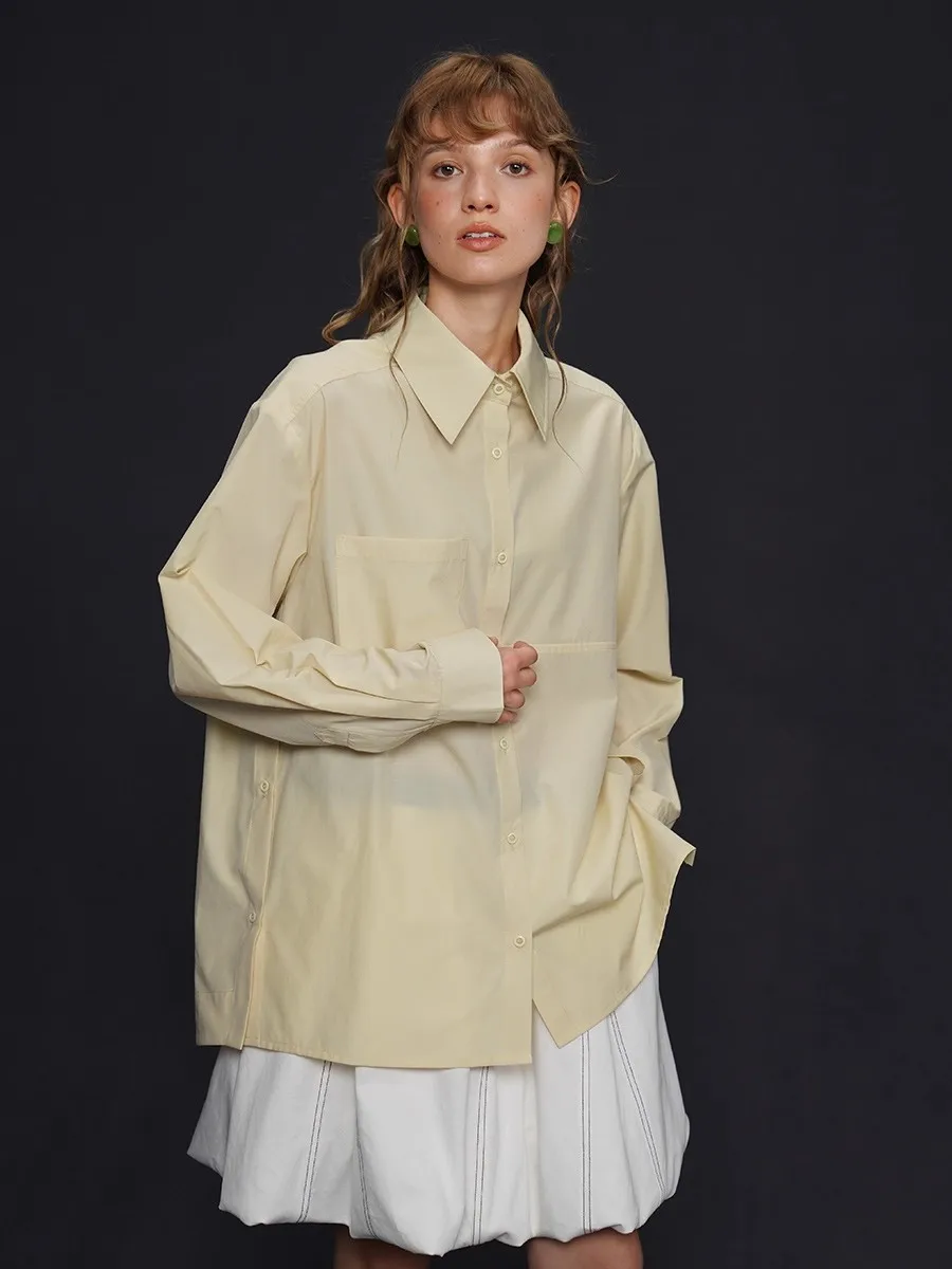 Camicia da donna ampia casual in tinta unita con struttura di separazione dei bottoni, comoda manica lunga in morbido cotone bianco nero rosa