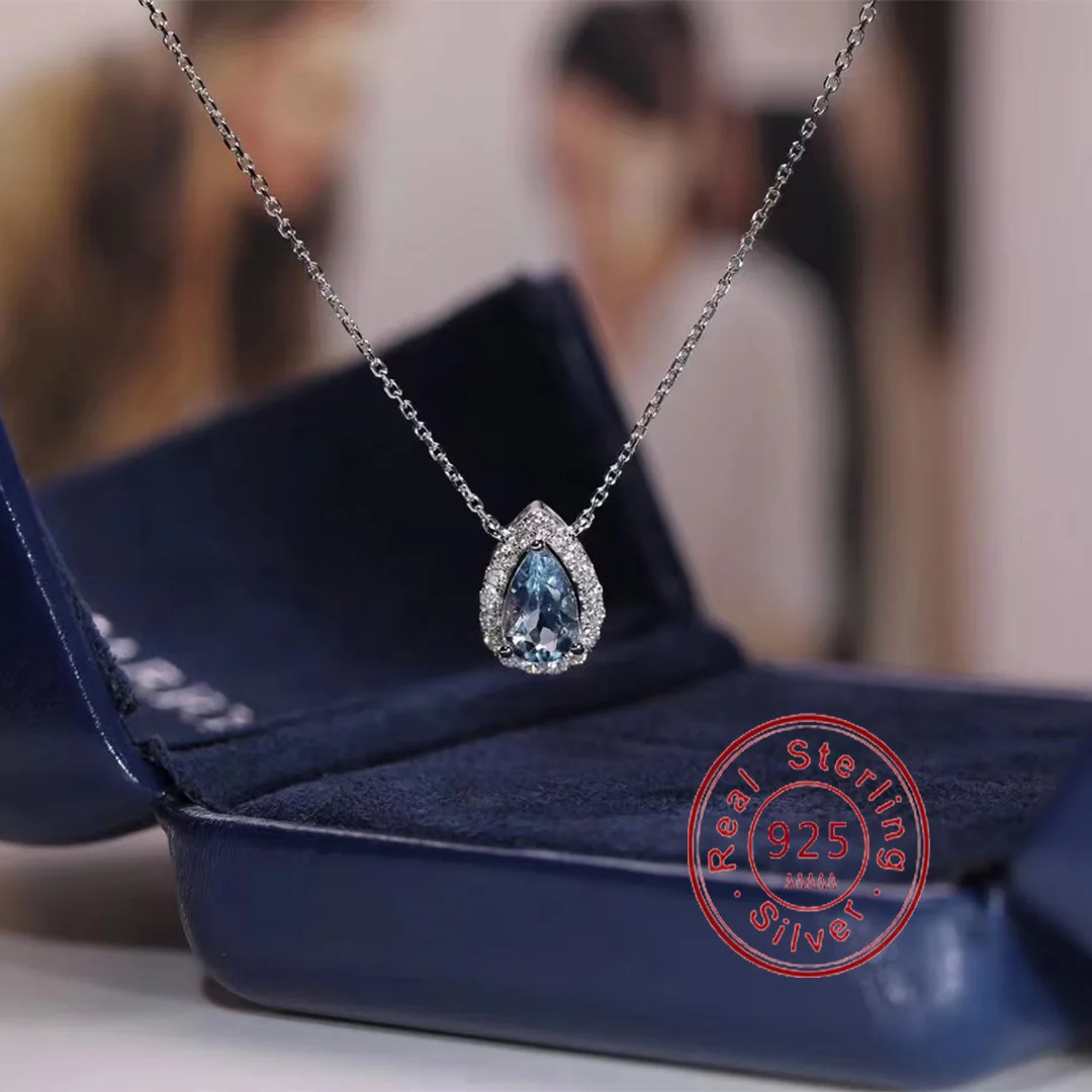 Charming 925 Sterling Silver Waterdrop Shaped Bright Blue Zirconia Pendant Necklace for Women Fashion Lady Wedding Jewelry