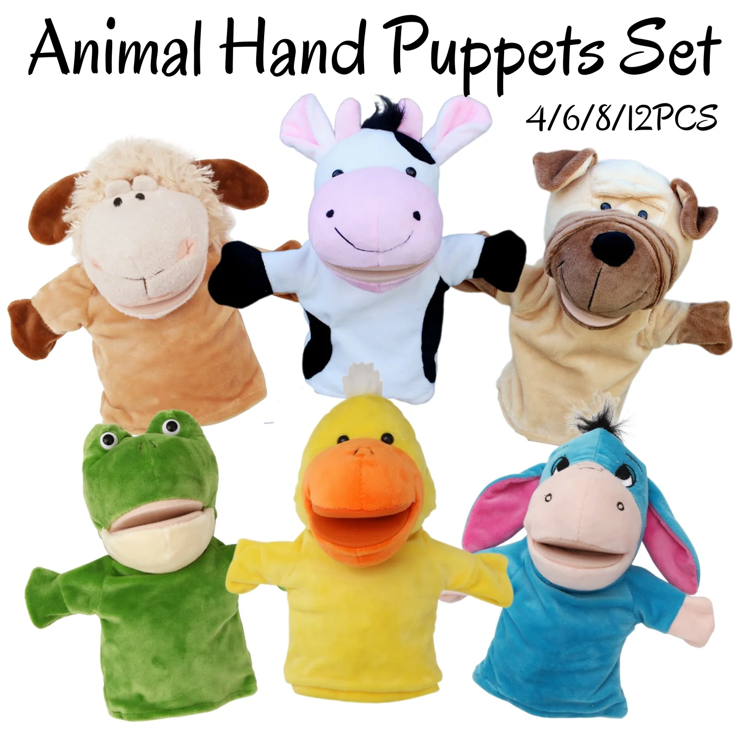 4-12PCS Animal Hand Puppets Set 25cm  Farm & Safari Soft Plush Toys with Working Mouth for Birthday Party Favors Storytelling