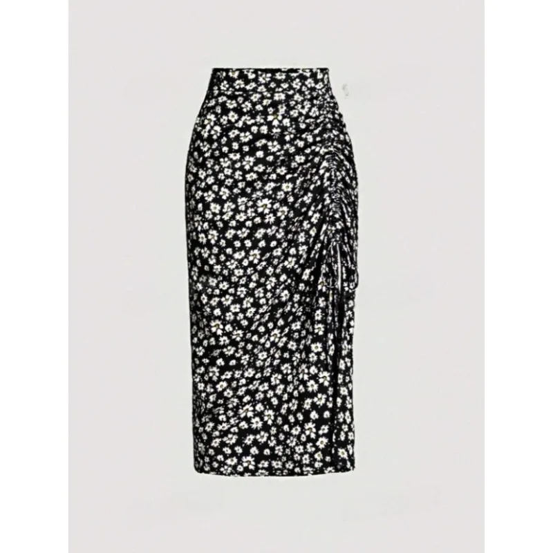 2024 Summer European and American New High Waist Small Chrysanthemum Printed Drawstring Vent Sheath Skirt for Women