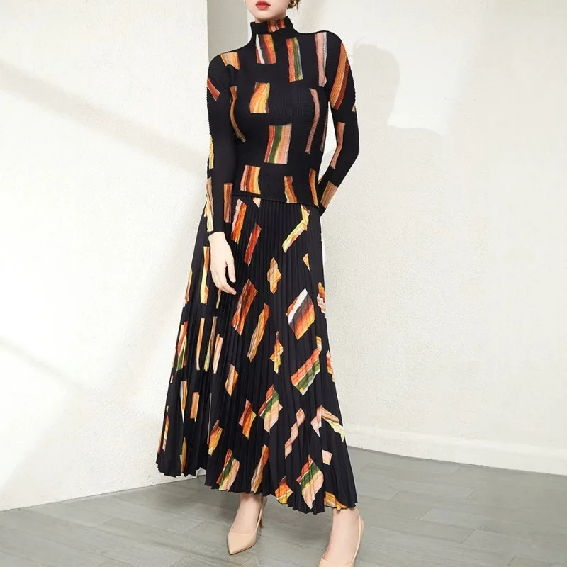 Miyake Pleated 2026 Retro Pleated Print Set Autumn New Round Neck Long Sleeve Top Casual Skirt Slim Fit Fashion Two-Piece Set