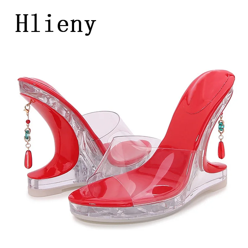 Hlieny New Design Strange Wedges Slippers Fashion Gem Pendant High Heels Open Toe PVC Transparent Women Summer Platform Sandals