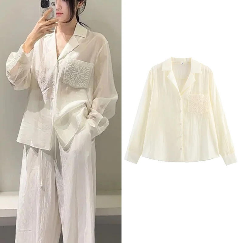 

HipSeam Women‘s Shirts Autumn Fashion Embroidered Pocket Loose Elegant Lady Shirts Holiday Casual Female Tops