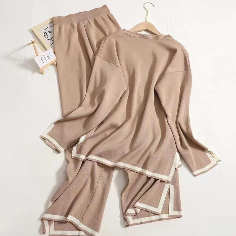 Conjunto de dos piezas para mujer, jersey de manga larga con cuello redondo y abertura lateral, pantalones de pierna ancha de cintura alta, chándal