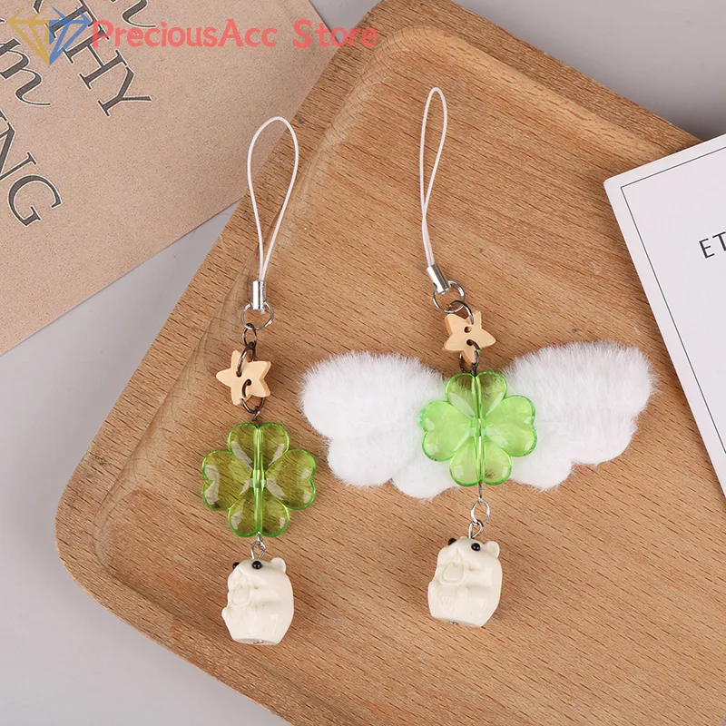 Green Lucky Four Leaf Clover Flying Marmot Hamster Keychain Lucky Clover Phone Lanyard Pendant Keyring Accessories Gifts