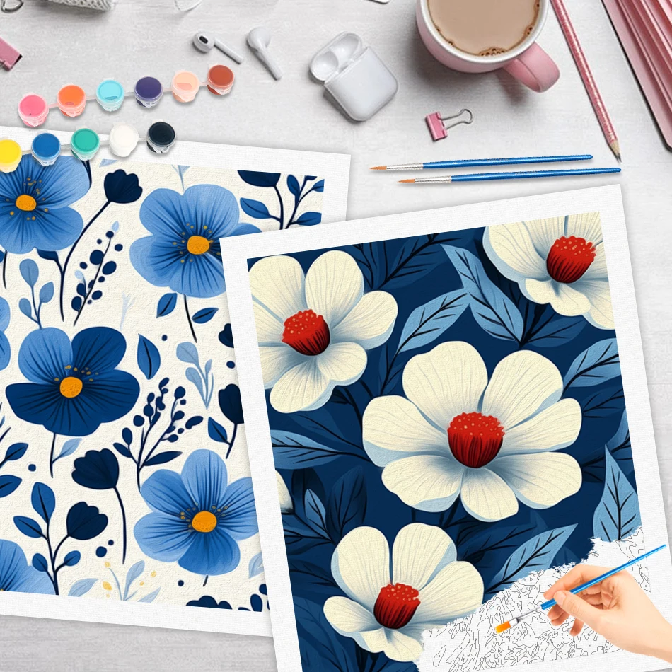 RUOPOTY Simple Painting By Numbers blue flower Handmade Acrylic Paints Picture For Beginner Paint Markers By Numbers Easy Kits