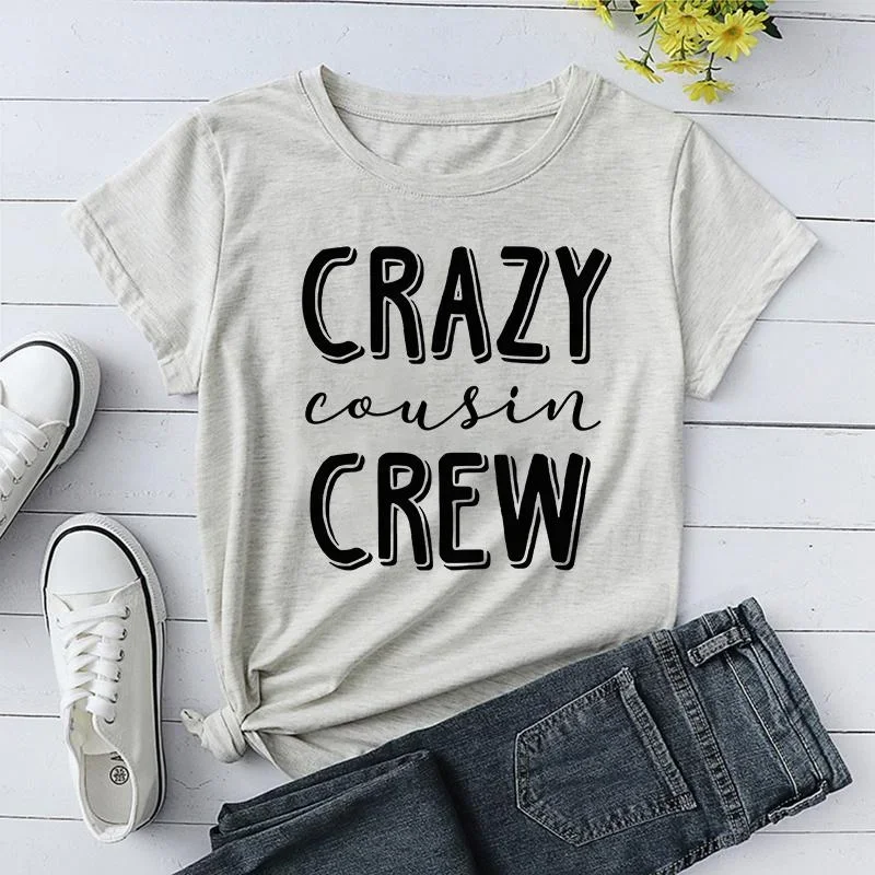 Y2k Short Sleeves Sunmmer T Shirt  Funny Crazy Cousin Crew Print T-Shirts for Women Summer Round Neck Fashion Casual Tees