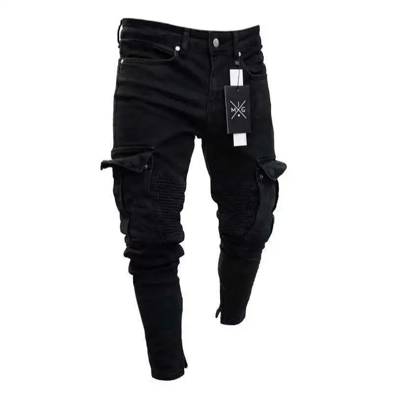 

Men's Stretch Cargo Jeans Black Big Side Pockets Fashionable Five-Quarter Length Denim Pants for Autumn Season