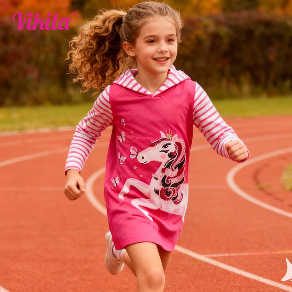 VIKITA Kids Cotton Casual Street Fashion Dress Girls Licorne Butterfly Sequined Appliqued Hooded Dresses Kids Cute Pink Dress