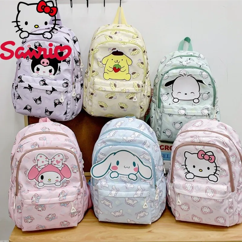 

Sanrio Hello Kitty Kuromi Melody Cinnamoroll Backpack Nylon Canvas Schoolbag Cartoon Characters Multiple Compartments Daily Use