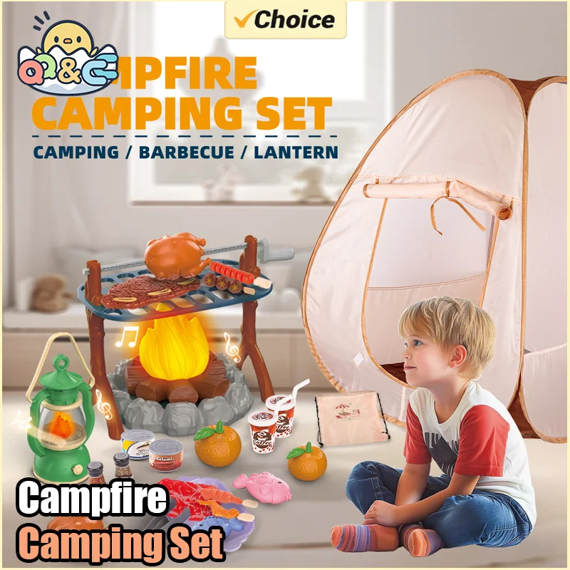 Children's Outdoor Adventure Tool Set with Tent Simulated Camping Light Sound Effect Backyard Playhouse Toys for Boys Kids Gifts