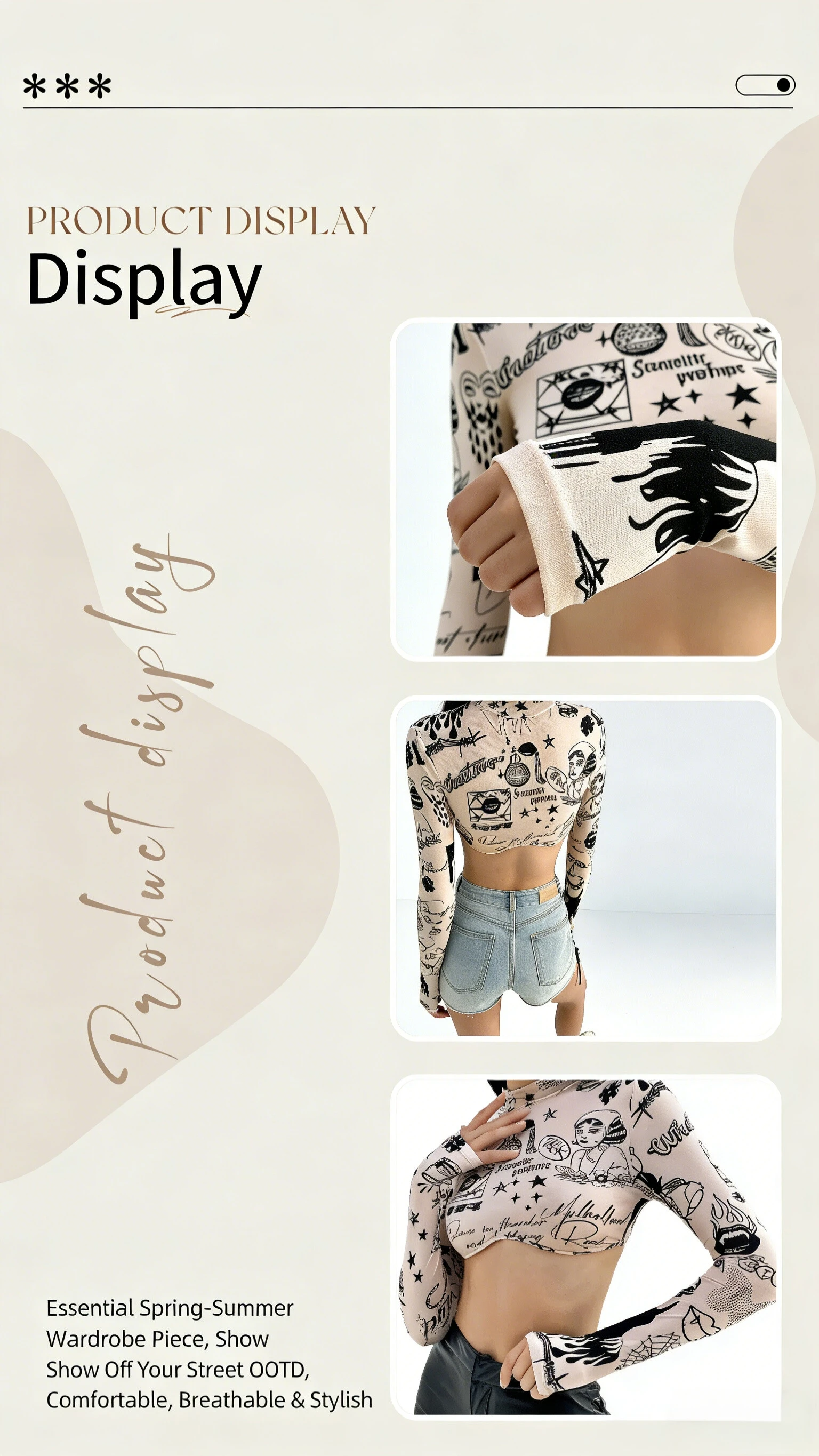 Damen T-Shirt mit Musterdruck, halbem Stehkragen und langen Ärmeln – Frühling/Sommer Neuheit, heiß begehrtes bauchfreies Oberteil für Damen – Detail 3