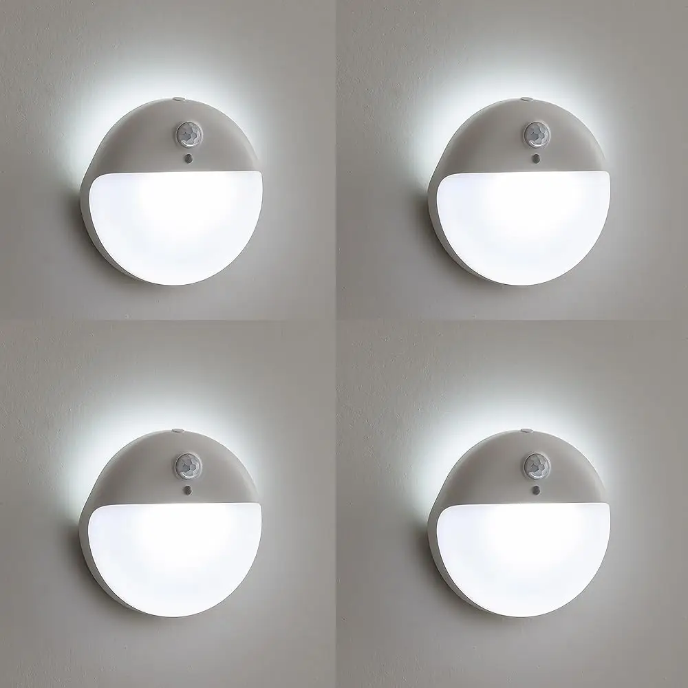 

Набор из 4 ночных светильников на батарейках, светильники для туалета, маленькие светильники с датчиком движения 2,6 дюйма, светильники на приклеивающихся креплениях, 3 режима освещения, светодиодные светильники с регулируемой яркостью